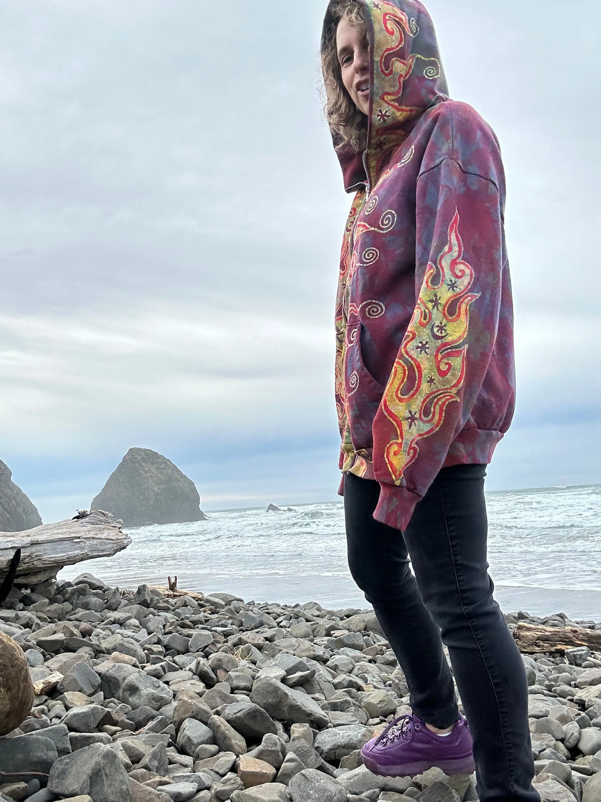 Driftwood Bonfire Handcrafted Batik Zipper Hoodie - Size Medium