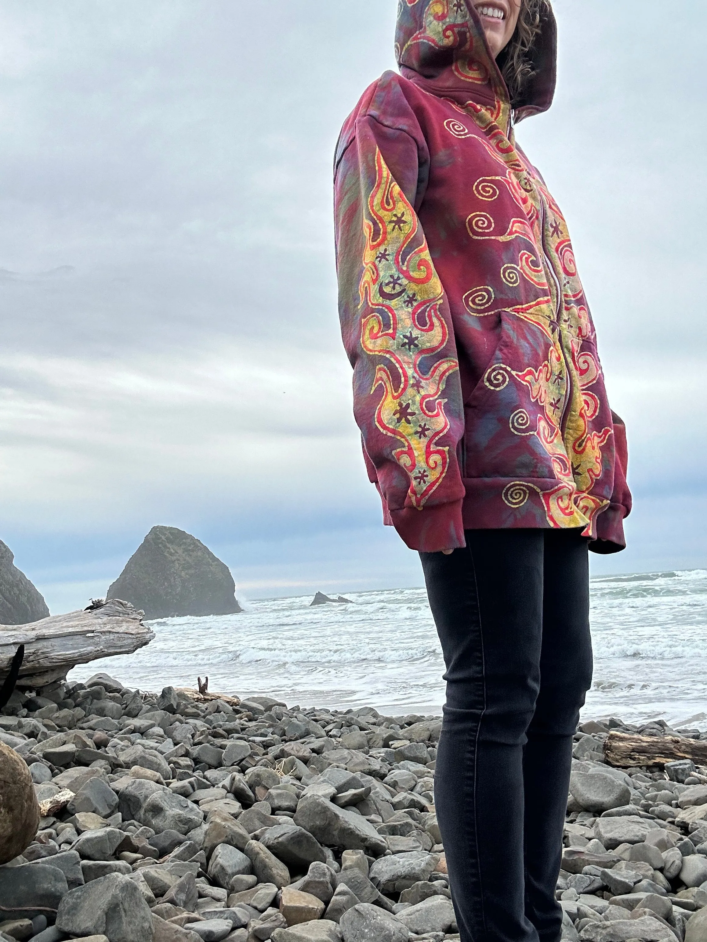 Driftwood Bonfire Handcrafted Batik Zipper Hoodie - Size Medium