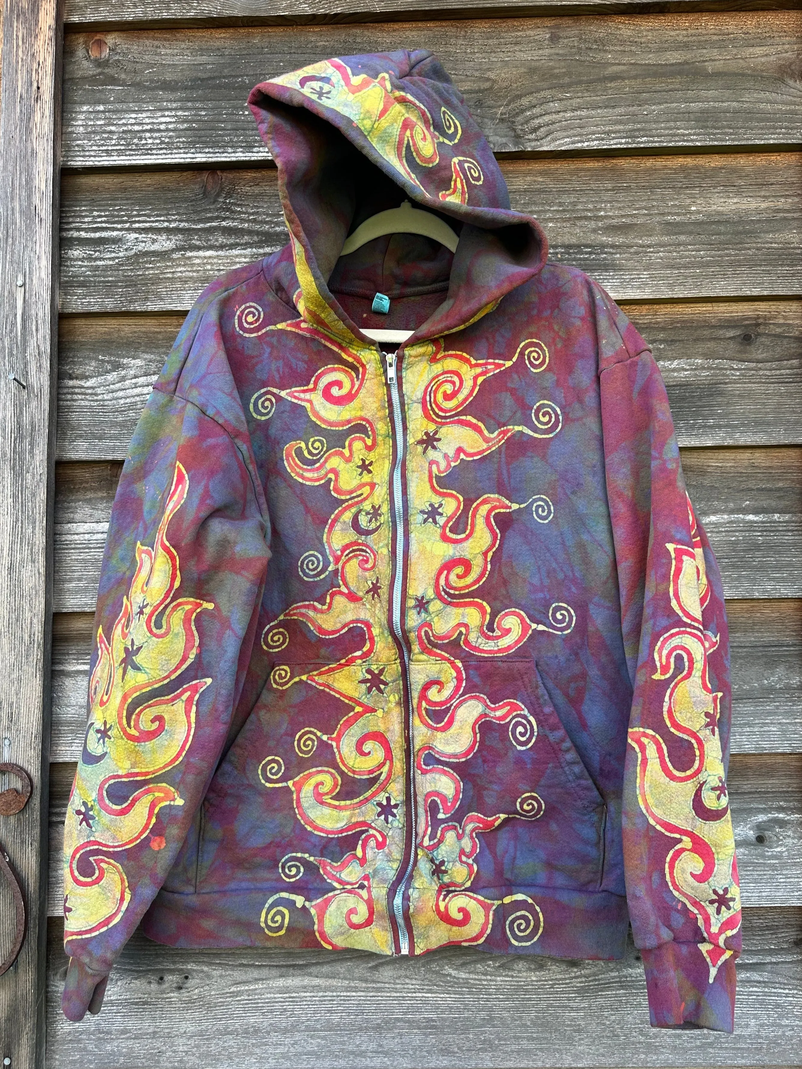 Driftwood Bonfire Handcrafted Batik Zipper Hoodie - Size Medium