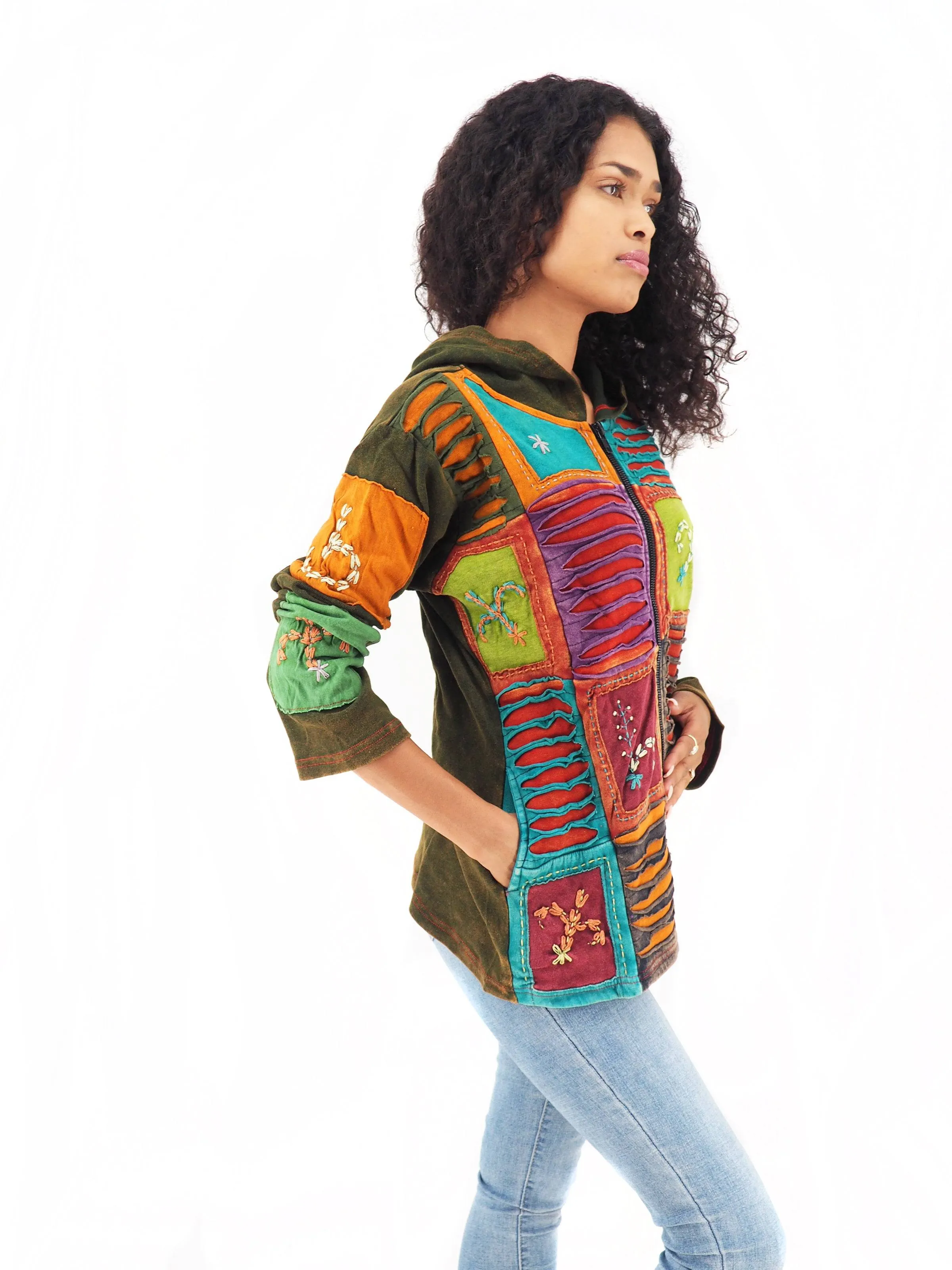 Handmade Patchwork Boho Hoodie 100% Pre-Washed Cotton Green Orange Tones S-M-L-XL