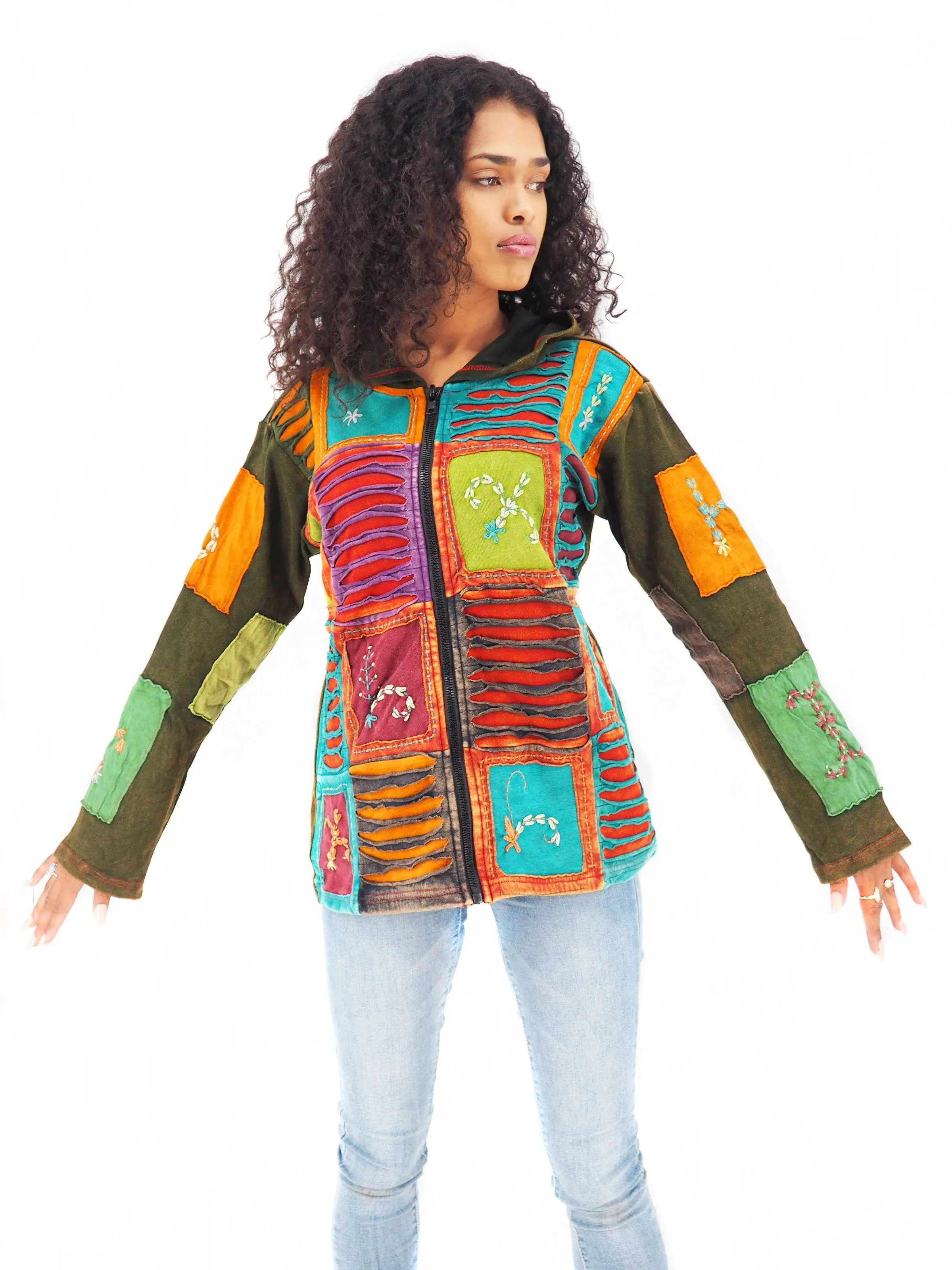 Handmade Patchwork Boho Hoodie 100% Pre-Washed Cotton Green Orange Tones S-M-L-XL