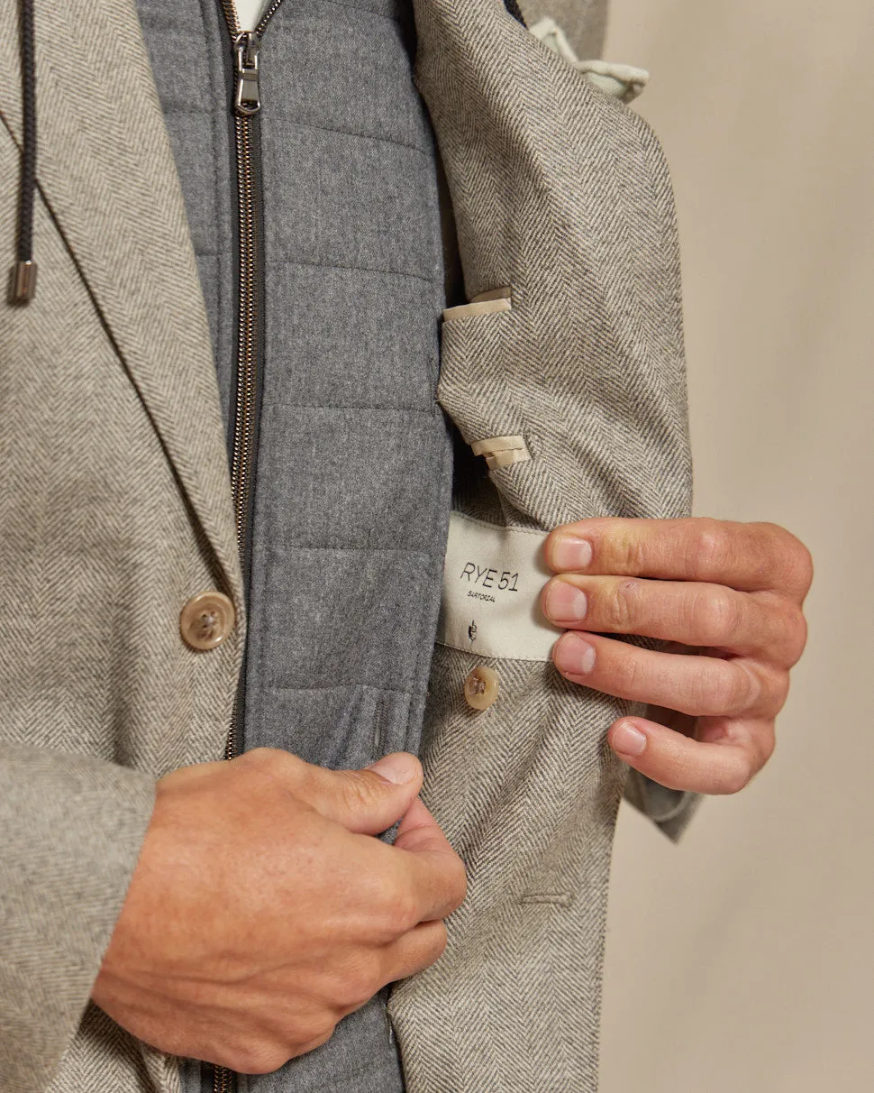 The Kane - Loro Piana Hoodie Button Out Soft Jacket - Taupe Grey Herringbone