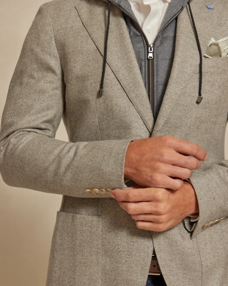 The Kane - Loro Piana Hoodie Button Out Soft Jacket - Taupe Grey Herringbone