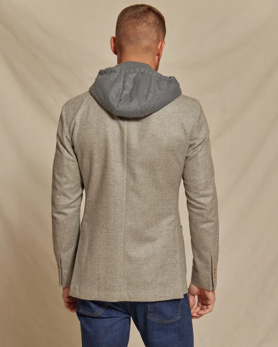 The Kane - Loro Piana Hoodie Button Out Soft Jacket - Taupe Grey Herringbone